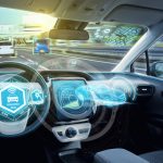 Empty cockpit of autonomous car, HUD(Head Up Display) and digital speedometer. self-driving vehicle.