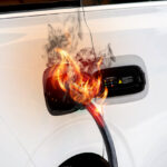 The Lithium Fuse: Navigating the Rising Complexity of EV Fire Claims Electric vehicle with its charging port on firecapturing a critical moment of EV malfunction, fire hazard, and the urgent need for safety in modern transportation.