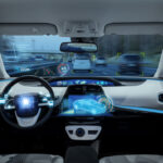 empty cockpit of vehicle, HUD(Head Up Display) and digital speedometer, autonomous car